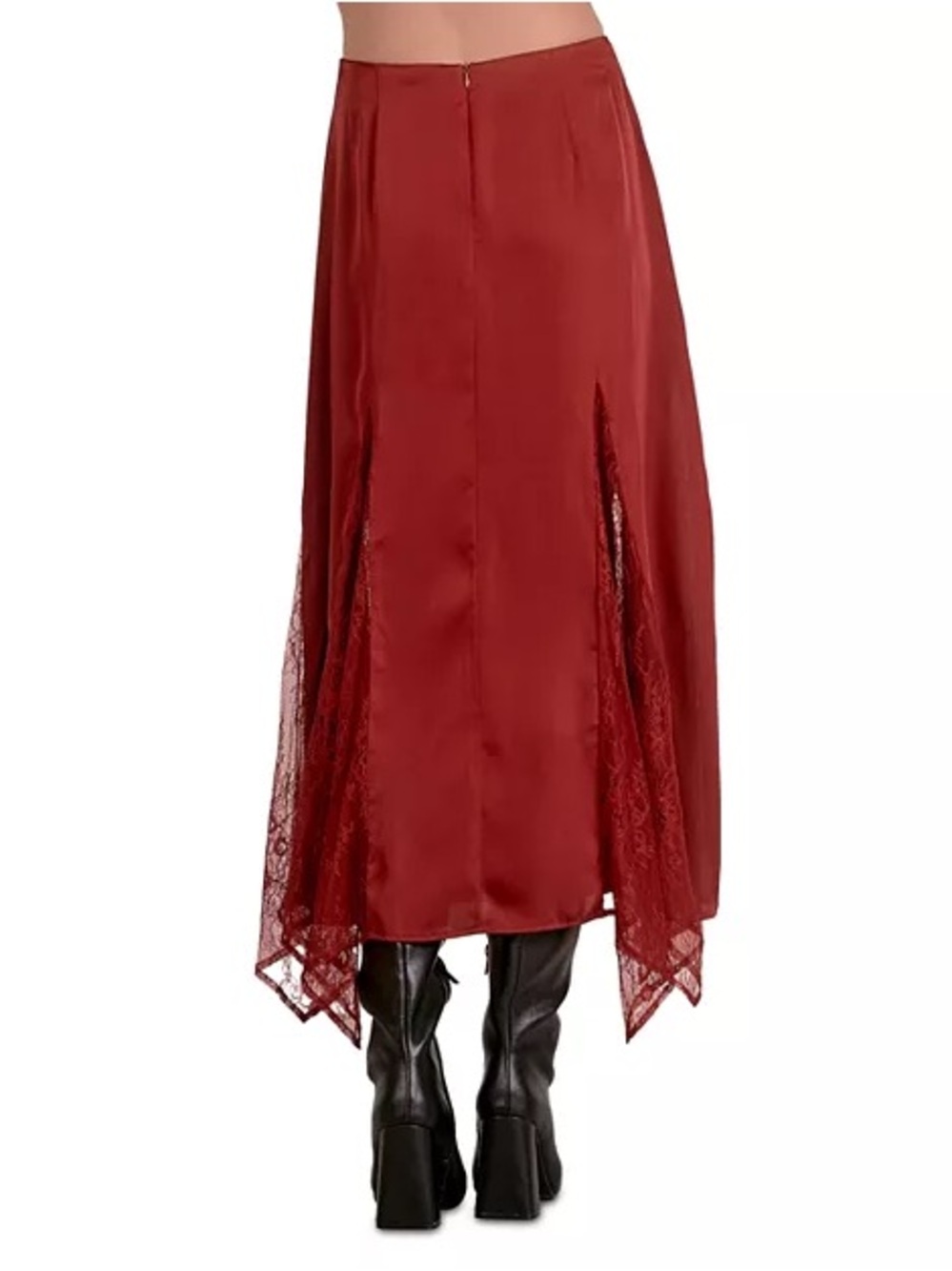 Elan Brick Red Satin Asymmetrical Skirt with Lace Panels